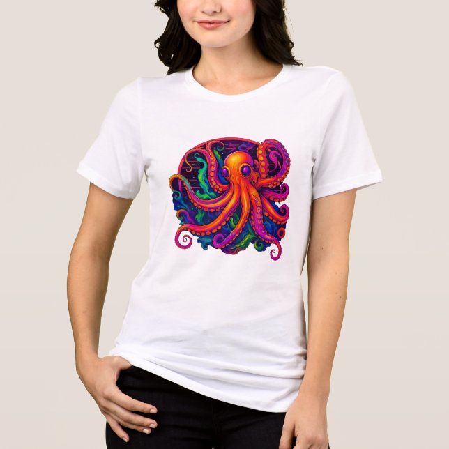 Psychedelic Neon Deep Sea Kraken Octopus T-Shirt Tri-Blend Shirt (Front)