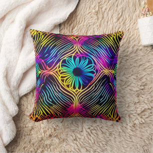 Psychedelic Neon Lines with Flower Art Cushion