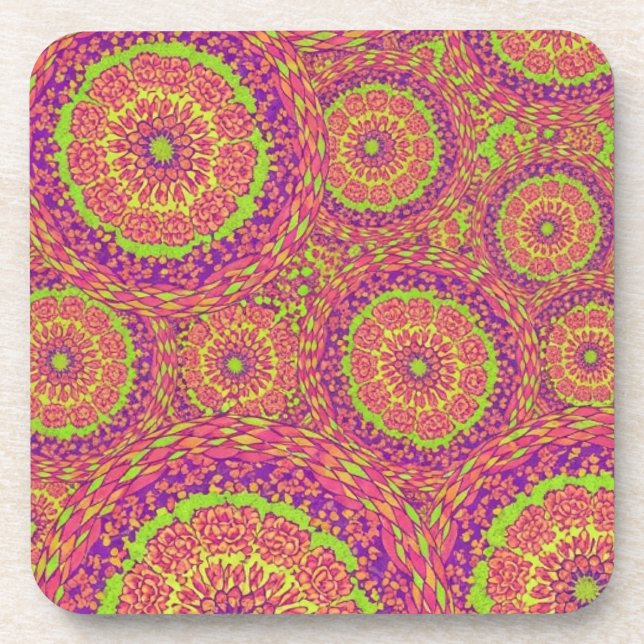 Psychedelic Neon Mandala Swirl Pattern Coaster (Front)
