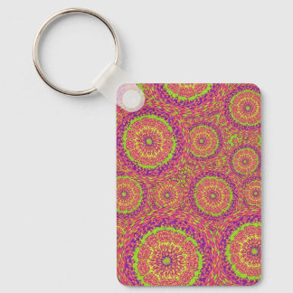 Psychedelic Neon Mandala Swirl Pattern Key Ring