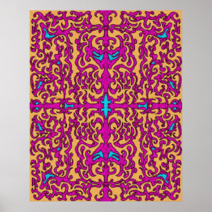 Psychedelic Neon Pink Baroque Flourish Pattern Poster