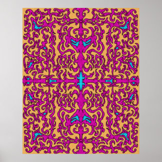 Psychedelic Neon Pink Baroque Flourish Pattern Poster