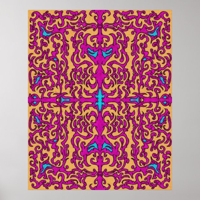 Psychedelic Neon Pink Baroque Flourish Pattern Poster (Front)
