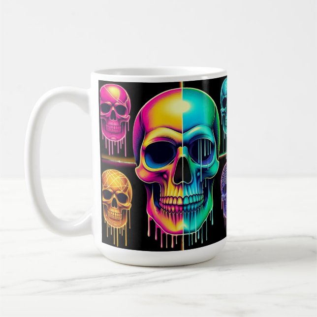 Psychedelic Neon Skulls: A Vibrant Digital Art  Coffee Mug (Left)