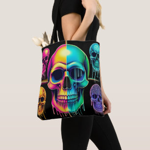 Psychedelic Neon Skulls: A Vibrant Digital Art Tote Bag