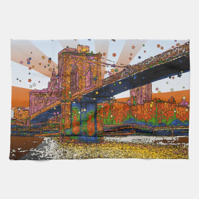 Psychedelic NYC: Brooklyn Bridge #1 Tea Towel (Horizontal)