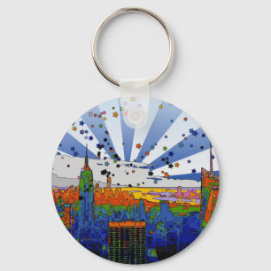 Psychedelic NYC: ESB Wide Skyline View Key Ring
