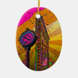 Psychedelic NYC: Flatiron Building & Clock #2B Ceramic Tree Decoration
