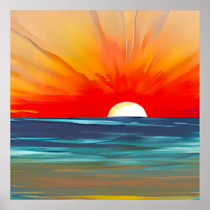 Psychedelic Ocean Sunset Over Mountains Poster