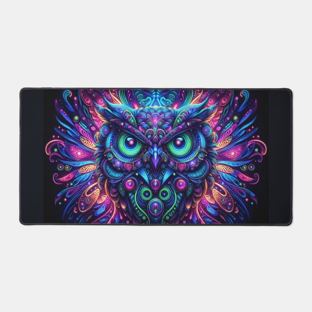 Psychedelic Owl, Eye-Catching Neon Animals Desk Mat (Front)