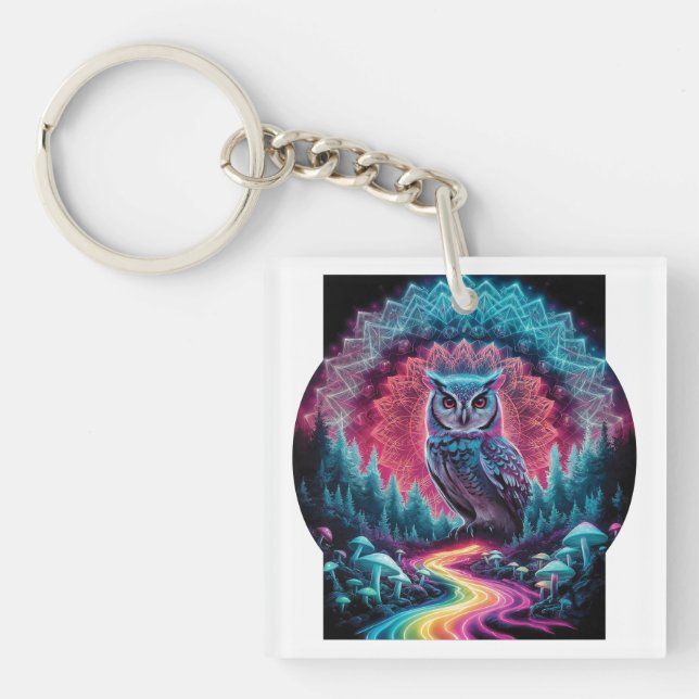 Psychedelic Owl Mandala - Trippy Forest Art Key Ring (Front)