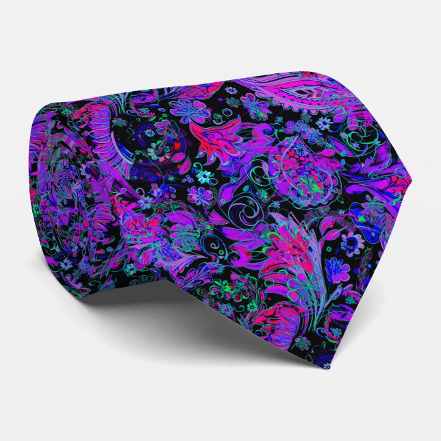 Psychedelic Paisley Neon Colors Tie (Rolled)