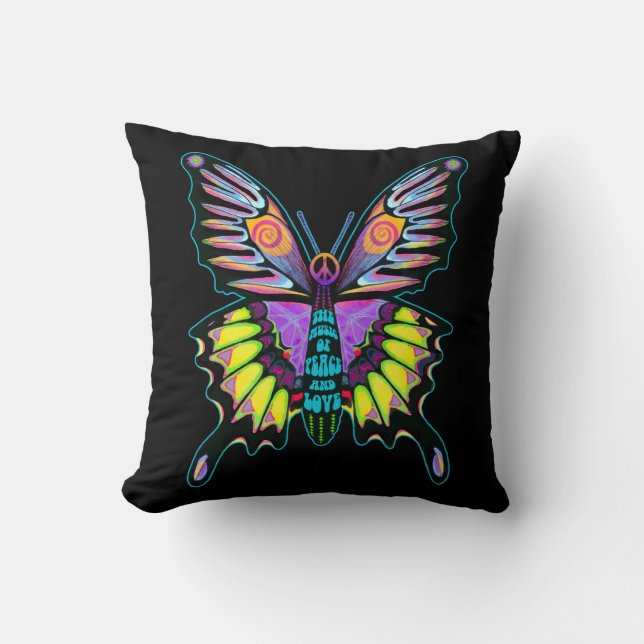 Psychedelic Peace Butterfly Artwork Cushion (Front)