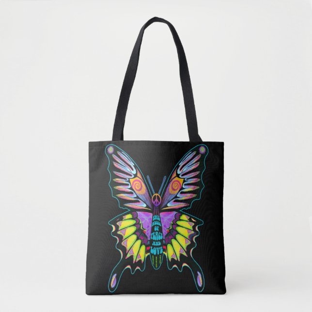 Psychedelic Peace Butterfly Tote Bag (Front)