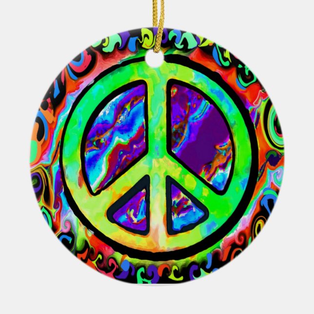 Psychedelic Peace Sign Christmas Ceramic Tree Decoration (Front)