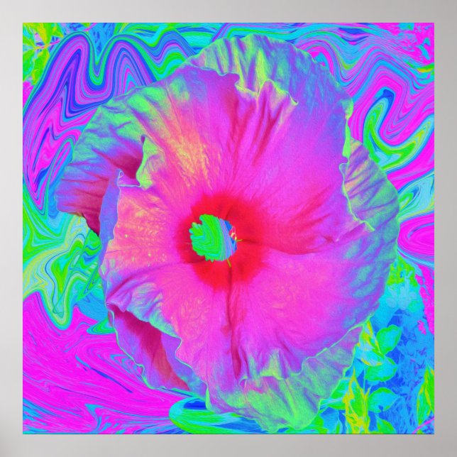 Psychedelic Pink and Red Hibiscus Flower Poster (Front)