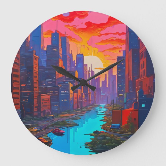Psychedelic Pink Cityscape with River  Large Clock (Front)