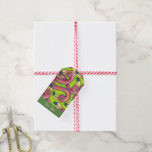 PSYCHEDELIC PINK FLAMINGOS GIFT TAGS Set, Green
