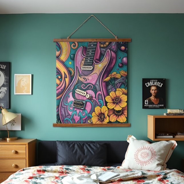 Psychedelic Pink Guitar Yellow Flowers Teal Sky Hanging Tapestry (Groovy pink guitar tapestry with yellow flowers and psychedelic teal sky. Dreamy retro 60's vibes.)