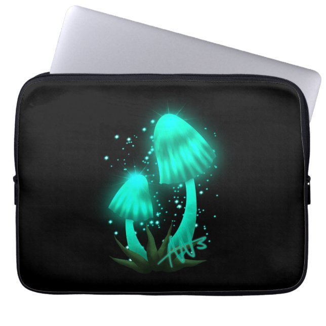 Psychedelic Pixie Cap Glowing Cyan Mushroom Laptop Sleeve (Front)