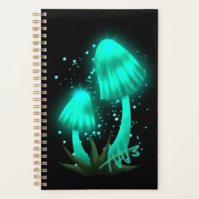 Psychedelic Pixie Cap Glowing Cyan Mushroom Planner (Front)