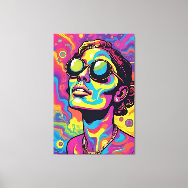 Psychedelic Pop Art Portrait – Vibrant Neon Trippy Canvas Print (Front)