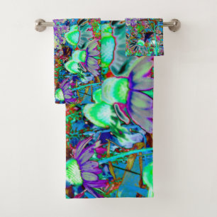 Psychedelic Purple and Lime Green Garden Flowers Bath Towel Set
