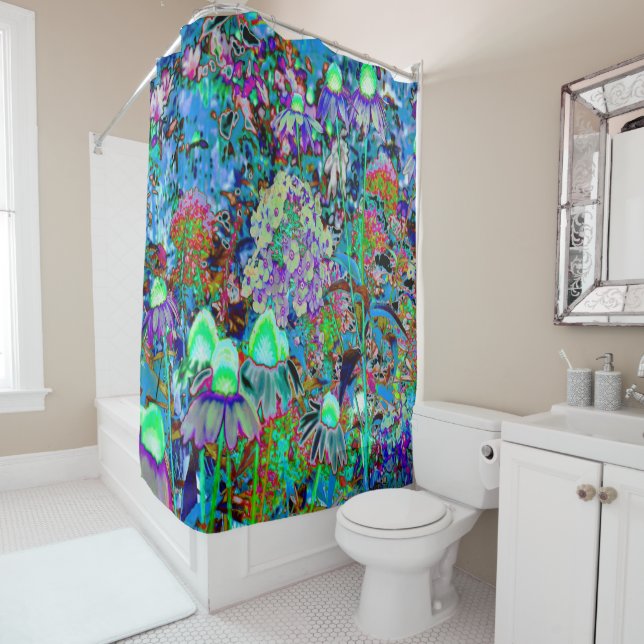 Psychedelic Purple and Lime Green Garden Flowers Shower Curtain (In Situ)