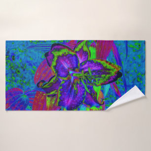 Psychedelic Purple and Lime Green Lily Flower Bath Towel