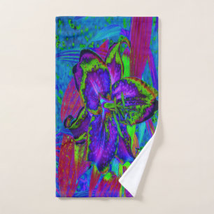 Psychedelic Purple and Lime Green Lily Flower Hand Towel