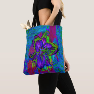 Psychedelic Purple and Lime Green Lily Flower Tote Bag