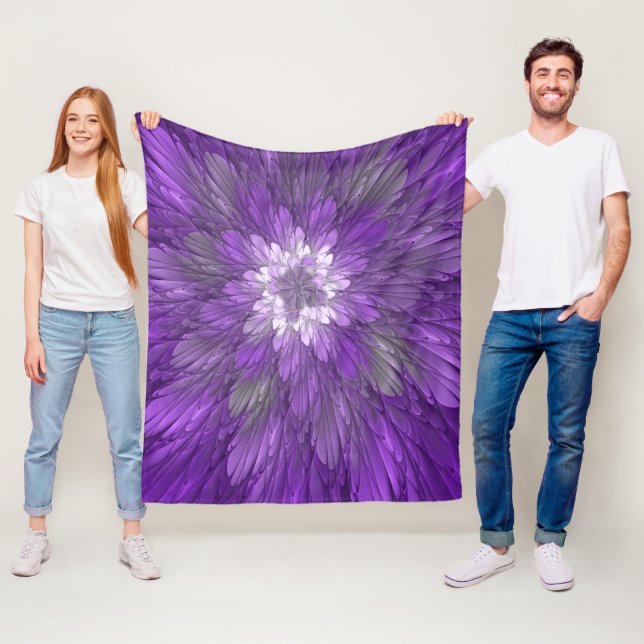 Psychedelic Purple Flower Abstract Fractal Art Fleece Blanket (In Situ)