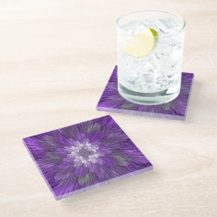 Psychedelic Purple Flower Abstract Fractal Art Glass Coaster