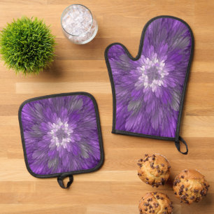 Psychedelic Purple Flower Abstract Fractal Art Oven Mitt & Pot Holder Set