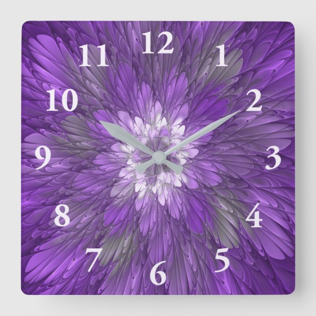Psychedelic Purple Flower Abstract Fractal Art Square Wall Clock (Front)