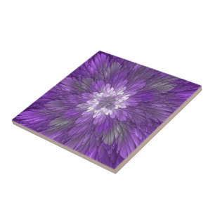Psychedelic Purple Flower Abstract Fractal Art Tile