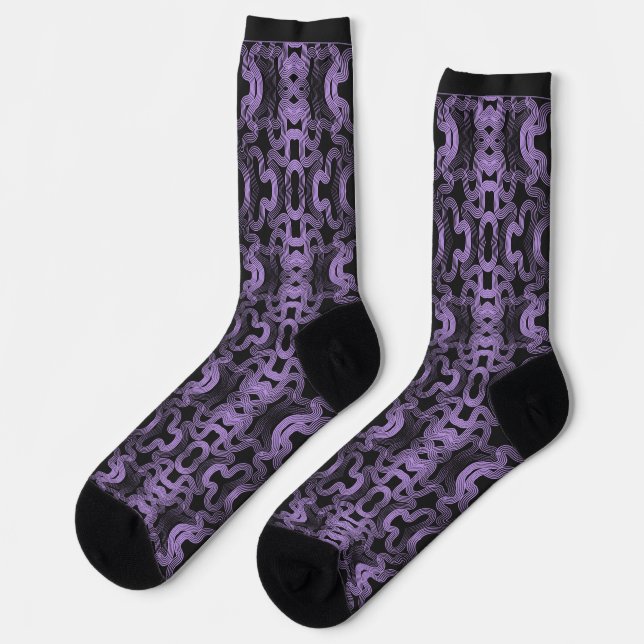 Psychedelic purple lines on black  socks (Left)