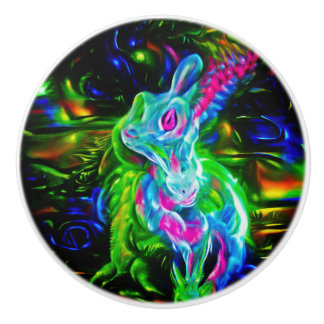 Psychedelic Rabbit Dragon in Neon Fantasy Ceramic Knob