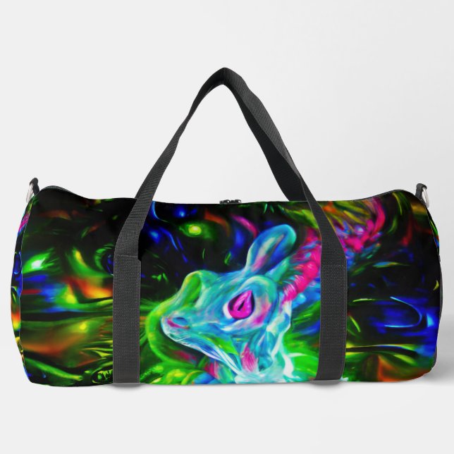 Psychedelic Rabbit Dragon in Neon Fantasy Duffle Bag (Front)