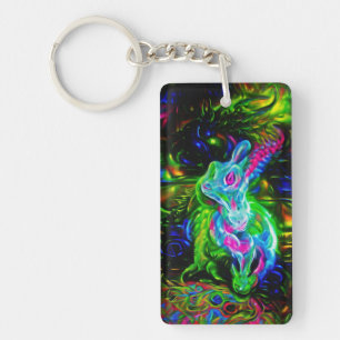 Psychedelic Rabbit Dragon in Neon Fantasy Key Ring