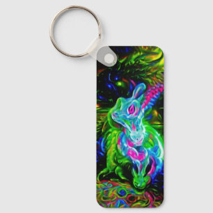 Psychedelic Rabbit Dragon in Neon Fantasy Key Ring