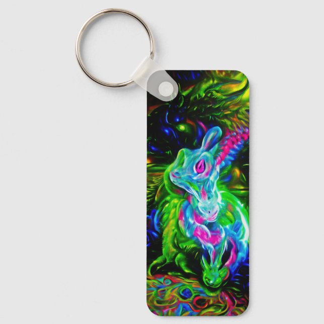 Psychedelic Rabbit Dragon in Neon Fantasy Key Ring (Front)