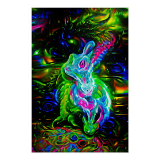 Psychedelic Rabbit Dragon in Neon Fantasy Poster
