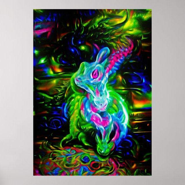 Psychedelic Rabbit Dragon in Neon Fantasy Poster (Front)