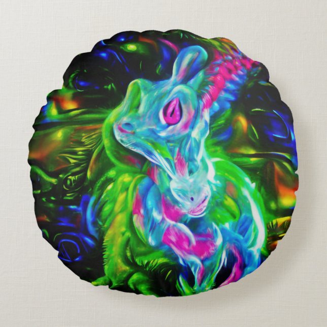 Psychedelic Rabbit Dragon in Neon Fantasy Round Cushion (Front)