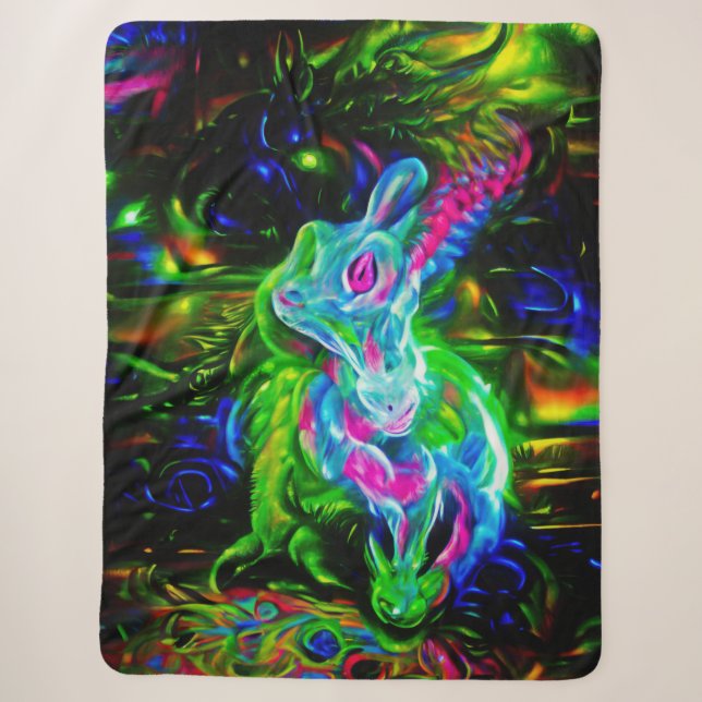 Psychedelic Rabbit Dragon in Neon Fantasy Sherpa Blanket (Front)