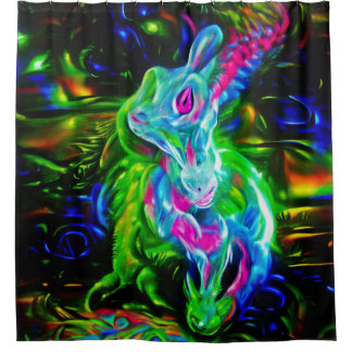 Psychedelic Rabbit Dragon in Neon Fantasy Shower Curtain