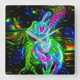 Psychedelic Rabbit Dragon in Neon Fantasy Square Wall Clock