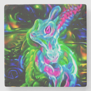 Psychedelic Rabbit Dragon in Neon Fantasy Stone Coaster