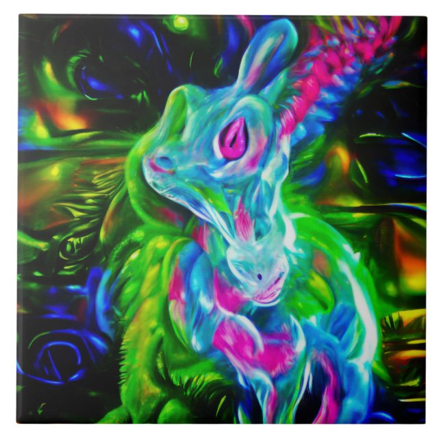 Psychedelic Rabbit Dragon in Neon Fantasy Tile (Front)